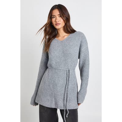 boohoo Dames Trui met losse pasvorm, V-hals en gebonden tailledetail | Grey | Maat: Small
