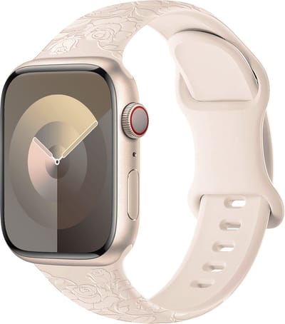 By Qubix - Geschikt voor Apple Watch bandje - Siliconen bandje Rozen Print - Starlight / sterrenlicht - Geschikt voor Apple Watch 44mm / 45mm / 46mm / 49mm (Ultra 1,2 en 3) - Smartwatch bandje