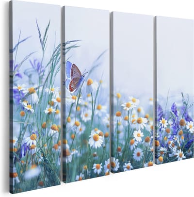 Artaza Canvas Schilderij Vierluik Witte Kamille Bloemen Met Een Vlinder - 160x120 - Groot - Foto Op Canvas - Canvas Print