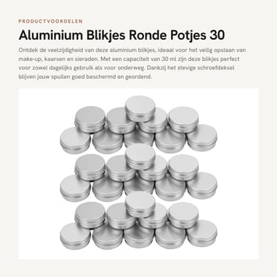 Dailygoods- Aluminium Blikjes 30 Stuks - Ronde Blikken - Lege Reiscontainers - Schroefdeksel - Voor Make-up/Sieraden - 30ml/1oz Inhoud - Opbergblikjes