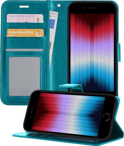 Hoesje - Met Pasjeshouder - Geschikt voor Apple iPhone SE (2022) - Luxe Bookcase Portemonee - Flip Case - Kunstleer Book Case - Flipcase - Book Cover - Walletcase - Portemonneehoes - Telefoonhoesjes - Turquoise