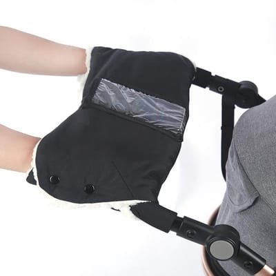 Kinderwagenhandschoenen - Warme fleece en katoen, waterdicht en winddicht, universele maat. Kinderwagen-, kinderwagen- en fietsstuuraccessoires - Zwart met telefoonhoesje