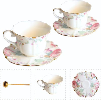 Theekop en Schotel Set - Kopje met Schoteltje - Thee Moment Creëren - Vintage Bloemenprint - 190 ml - Roze