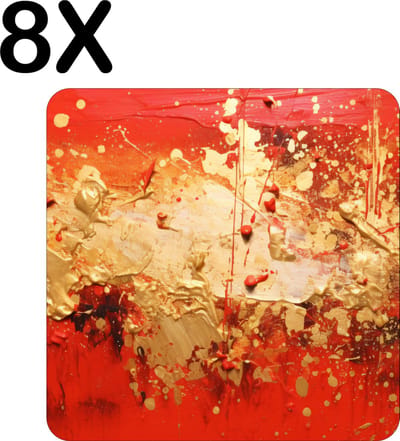 Luxe Placemat - Goud met Rode Abstracte Kunst - Set van 8 Placemats - 40x40 cm - 2 mm dik Vinyl - Anti Slip - Afneembaar