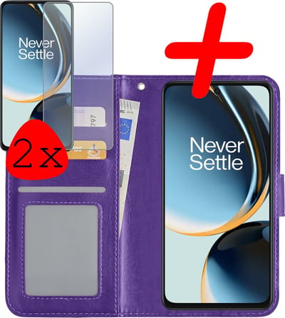 Hoesje Met 2x Screenprotector - Geschikt voor OnePlus Nord CE 3 Lite - Luxe Pasjeshouder - Bookcase Portemonee - Flip Case - Kunstleer Book Case - Flipcase Hoes - Book Cover - Walletcase - Portemonneehoes - Paars