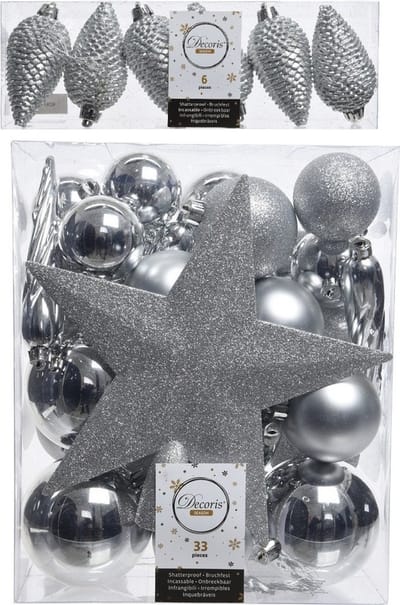 Kerstversiering kunststof kerstballen en hangers zilver 5-6-8 cm pakket van 39x stuks - Met ster vorm piek van 19 cm