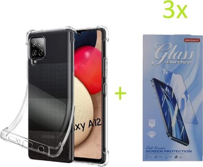 Shockproof Hoesje Geschikt voor: Samsung Galaxy A12 - Anti Shock Silicone Bumper - Transparant + 3X Tempered Glass Screenprotector