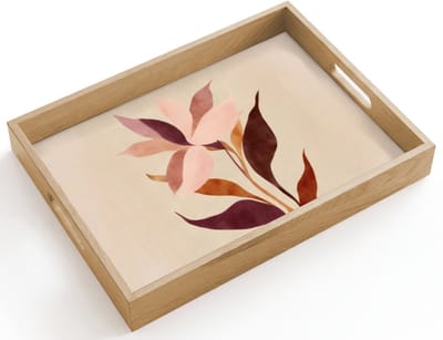 Dienblad hout 40x30 cm - Schootdienblad - Bloemen - Blaadjes - Minimalistisch - Roze - Borrelplank rechthoek - Plateau dienbladen