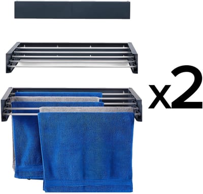 2x Foxydry Hide 71 cm - Droogrek wandmontage - Intrekbare waslijn voor aan de muur - Kleur Antraciet - 71 x 35 x 13 cm