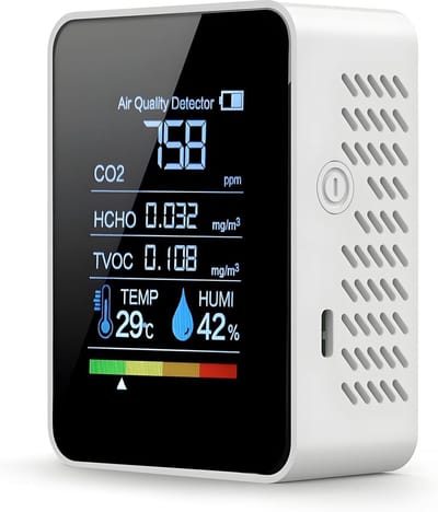 5-in-1 Indoor Air Quality Monitor - CO2 meter - Luchtkwaliteitsmeter - Met hygrometer en thermometer - Draagbaar & oplaadbaar - Luchtkwaliteitstest voor thuis, kantoor, school, hotel en auto - Wit