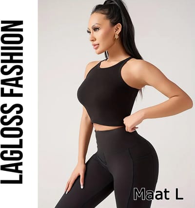 LaGloss® Dames Yoga Tanktop Zwart Katoen – Snel Droog Fitness Top met Ingebouwde BH – Ademend Sportshirt voor Yoga, Hardlopen & Gym – Maat L