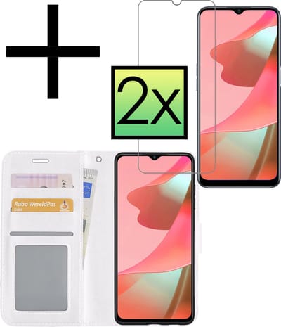 Hoesje - Met 2x Screenprotector - Geschikt voor OPPO A16s - Luxe Pasjeshouder - Bookcase Portemonee - Flip Case - Kunstleer Book Case - Flipcase Hoes - Book Cover - Walletcase - Portemonneehoes - Wit