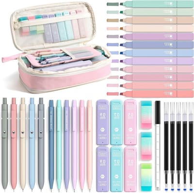 39 Stuks Schoolbenodigdheden Set met Etui, 12 Pastel Markers, 5 Gelpennen en 6 Mechanische Potloden voor Tieners en Meisjes in Roze Aesthetic Stijl