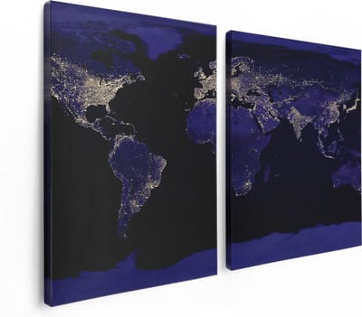 Artaza Canvas Schilderij Tweeluik Wereldkaart Met Licht Observaties - 120x80 - Foto Op Canvas - Canvas Print