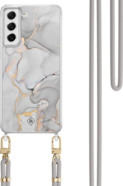 Casimoda® hoesje met koord - Geschikt voor Samsung S21 FE - Marmer Grijs - Afneembaar koord - TPU/polycarbonaat - Grijs