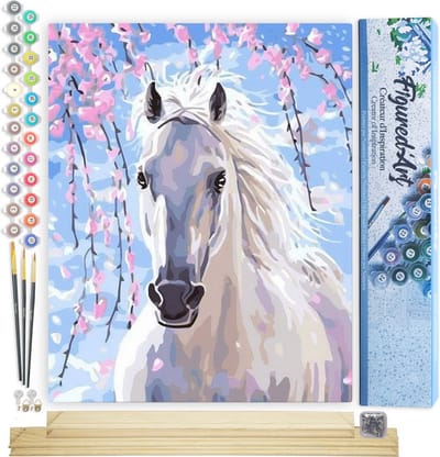 Figured'Art Schilderen op Nummer Volwassenen canvas Wit paard en bloemen - Handwerk acrylverf Kit DIY Compleet - 40x50cm met DIY houten lijst