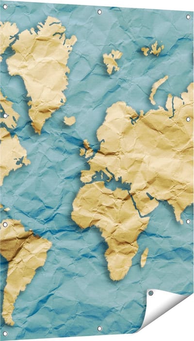 Gards Tuinposter Wereldkaart op Gekreukeld Papier - 80x120 cm - Tuindoek - Tuindecoratie - Wanddecoratie buiten - Tuinschilderij
