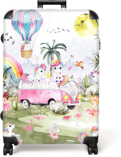 NoBoringSuitcases.com® - Koffer groot - Reiskoffer lichtgewicht - Eenhoorn - Luchtballon - Meisjes - Regenboog - Rolkoffer met 4 wielen - Grote trolley XL - 98 liter bagage
