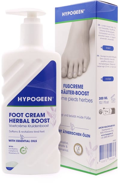 Hypogeen Kruidenboost Voetencrème - Voetcrème voor Droge en Vermoeide Voeten - Met 5% Ureum, Menthol, Eucalyptus & Rozemarijn - Verkoelend - Pompflacon 300 ml