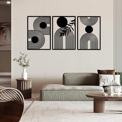 Set van 3 Zwarte Geometrische Metalen Wanddecoratie - Minimalistische Abstracte Muurkunst voor Woonkamer en Slaapkamer