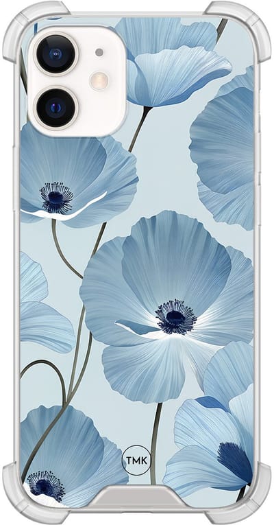 Shockproof hoesje geschikt voor Apple iPhone 12 mini - Blauw bloemenveld - Schokbestendig - Verhoogde randen - TPU case - Extra Sterke Back Cover - Bloemen - Transparant, Blauw