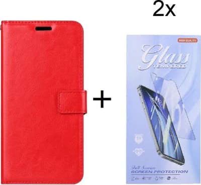 Bookcase Geschikt voor: Huawei P Smart 2021 - Rood - portemonnee hoesje met 2 stuk Glas Screen protector