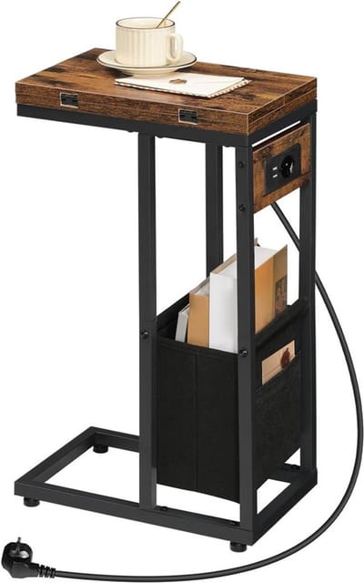 Bijzettafel met laadstation, C-vorm, inklapbare salontafel met stoffen tas, nachtkastje met stopcontact en 2 USB-poorten, voor woonkamer, vintage bruin en zwart