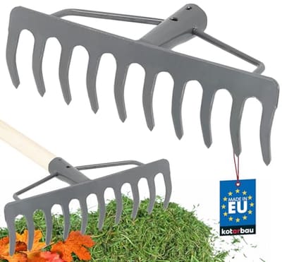 KOTARBAU® Tuinhark, Gazonhark, Bladhark, Metaal, 26 cm, Grijs, Tuinhark voor Gazon, 10 Tanden, Stevige Hark, Waaierbezem, Robuust Tuingereedschap, zonder Steel