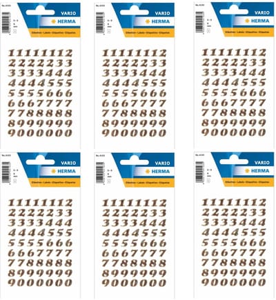 Herma Stickervel nummers - cijfers / getallen - 0 t/m 9 - 6x vellen - goud - 8 mm - glitter