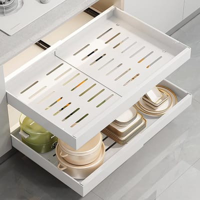 Telescopische Uittrekbare Lade Wit 32-52cm, Metalen Keukenlade Organizer met Railsysteem, Geen Boren voor Keuken en Badkamer