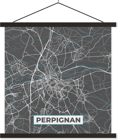 Posterhanger incl. Poster 60x60 cm - Schoolplaat - Frankrijk - Perpignan - Stadskaart - Kaart - Plattegrond - Textielposter - Zwarte latten - Stadskaart