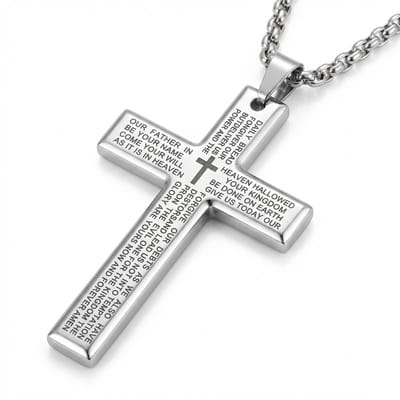 Zilverkleurige schakel ketting met kruis hanger en gegraveerde religieuze tekst – sieraad voor heren en dames