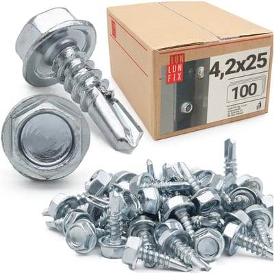 LUN FIX - Boorschroeven 4,2x25 mm - 100 stuks - Zeskantkop DIN 7504K - Verzinkt staal met boorpunt voor trapeziumplaten en metalen platen