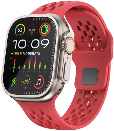 Siliconen bandje - geschikt voor Apple Watch 1/2/3/4/5/6/7/8/9/10/11/ SE (1,2,3) met maat 38 mm / 40 mm / 41 mm en 42 mm (Watch 10/11) - gaatjes met druksluiting - rood