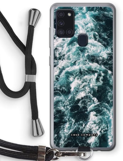 Case Company® - Hoesje met koord geschikt voor Samsung Galaxy A21s hoesje met Koord - Zee golf - Telefoonhoesje met Zwart Koord - Bescherming aan alle Kanten en Over de Schermrand