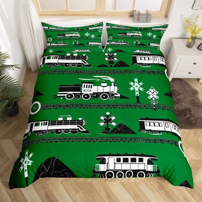 Vintage Stoomtrein Dekbedovertrek Cartoon Klassiek Spoorweg Retro Beddengoed Set Cadeau voor Meisjes Jongens Reis Locomotief Trein Bed Overtrek EU King(240*220cm)3pcs