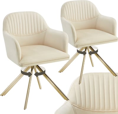 tectake® Fluwelen draaistoel - Bureaustoel - Eetkamerstoel met armleuningen - Fluwelen bureaustoel, keukenstoel, woonkamerstoel - 56 x 59 x 81 cm - Set van 2 - Creme/goud