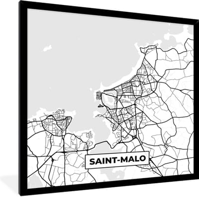 Fotolijst incl. Poster Zwart Wit- Frankrijk – Saint-Malo - Plattegrond – Stadskaart – Kaart - Zwart wit - 40x40 cm - Posterlijst