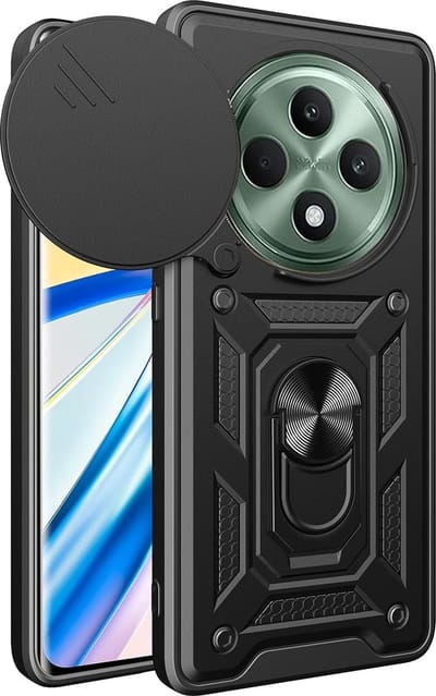 Casemania Hoesje Geschikt voor Oppo Reno 12 F - Zwart - Anti-Shock Hybrid Armor Back Cover - Hoes met Kickstand Ring en Camera Bescherming