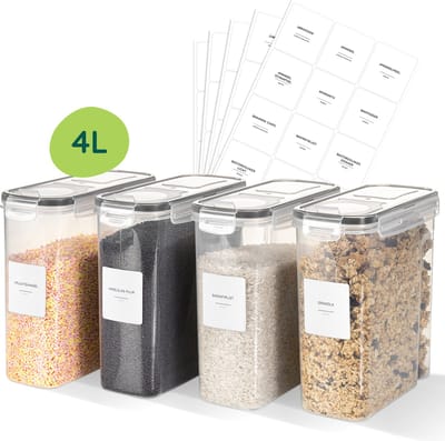 4x Voorraadbussen Kunststof - 4L - Voorraadpotten met labels - Vershoudbakjes Luchtdicht