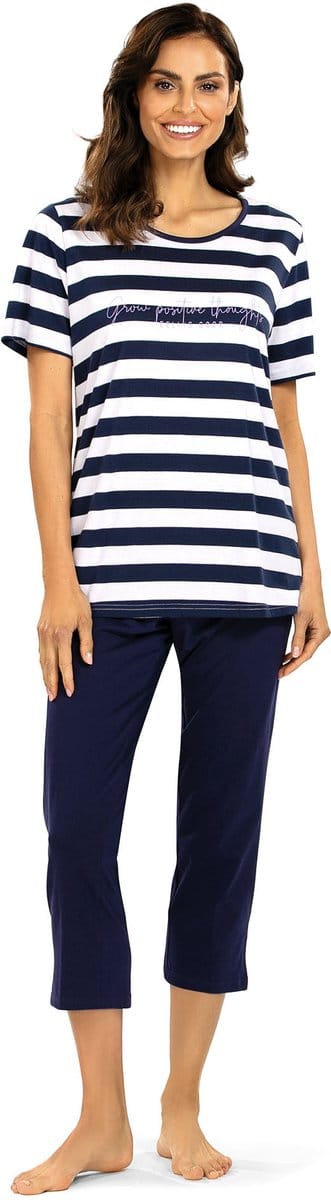 Comtessa Dames Pyjama - Katoen - Zomer - 7/8 broek - Donkerblauw Gestreept - Maat 42