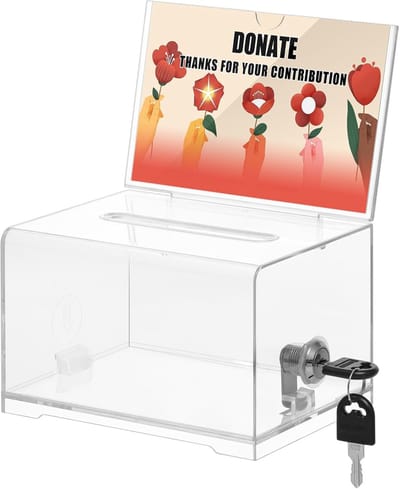 Kaartorganizer - Visitekaartjeshouder - Donatiebox - Fondsenwervings-, stem- en loterijbox - Afsluitbaar & Bordenhouder - Multifunctioneel - Fooienpot - 15,7 x 11,5 x 10,2 cm - Transparant