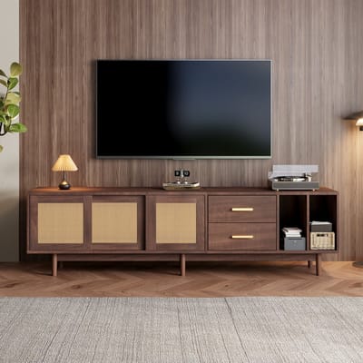 HAUSS SPOLE Tv-Meubel - Breed Lowboard Met Rattan Deuren En 6 Steunpootjes - 3 Deuren 2 Laden 2 Open Vakken Voor 75 Inch Tv - MDF - 190x40x52 cm - Bruin