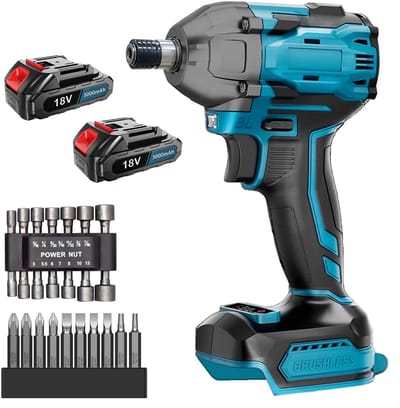 POWER 18V ​​borstelloze slagschroevendraaierset, 2200 inch-pond hoog koppel, 2 snelheidsstanden, variabele snelheid, draadloze slagschroevendraaier, remstopfunctie, compact ontwerp met LED-verlichting, 14 doppen en 10 bits.