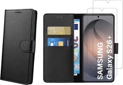 Hoesje Portemonnee geschikt voor Samsung Galaxy S26 Plus Zwarte portemonnee met magnetische klep en kaartopslag en 2 stuks Screenprotector Gehard Glas
