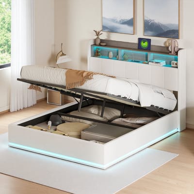 Tweepersoons Opbergbed 140×190 – Wit Fluweel – LED Bedbodem & Hoofdbord – USB & Type-C