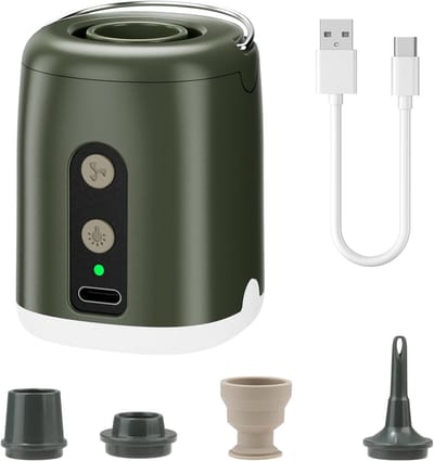 Mini elektrische luchtpomp, 2-in-1 magnetische opblaaspomp 4,5 kPa voor luchtmatrassen, met LED-verlichting en 4 mondstukken. Mini pomp voor luchtmatrassen, geschikt voor opblazen en leegzuigen.