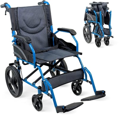 Mobiclinic Faraon - Rolstoel - Transport rolstoel - Opvouwbaar - Zitbreedte: 46 cm - Met rolstoelkussen - Handmatig - Staal - Opklapbare voetsteunen - Blauw