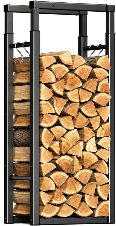 Aurixi® Houtrek – Houtopslag – Verstelbaar in 9 Maten - Brandhoutrek - Haardhout - Opslag – Rek Voor Binnen - en Buiten – Brandhout – Metaal - Zwart - 25cm x 65cm x 124cm