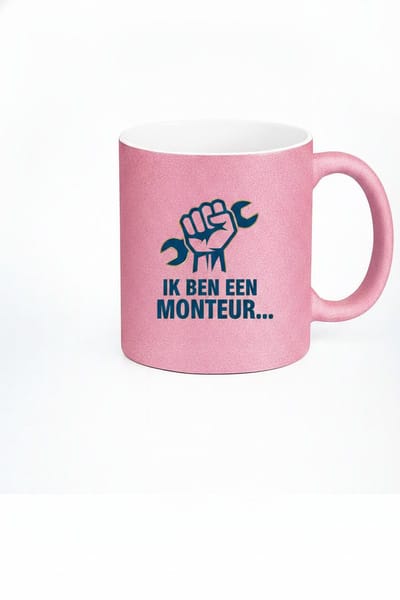 Mok Monteur 'Ik Ben Een Monteur...' – Vuist met Steeksleutel Verticaal – Glitter Mok Roze – Cadeau Monteur Technicus – Keramiek 330 ml